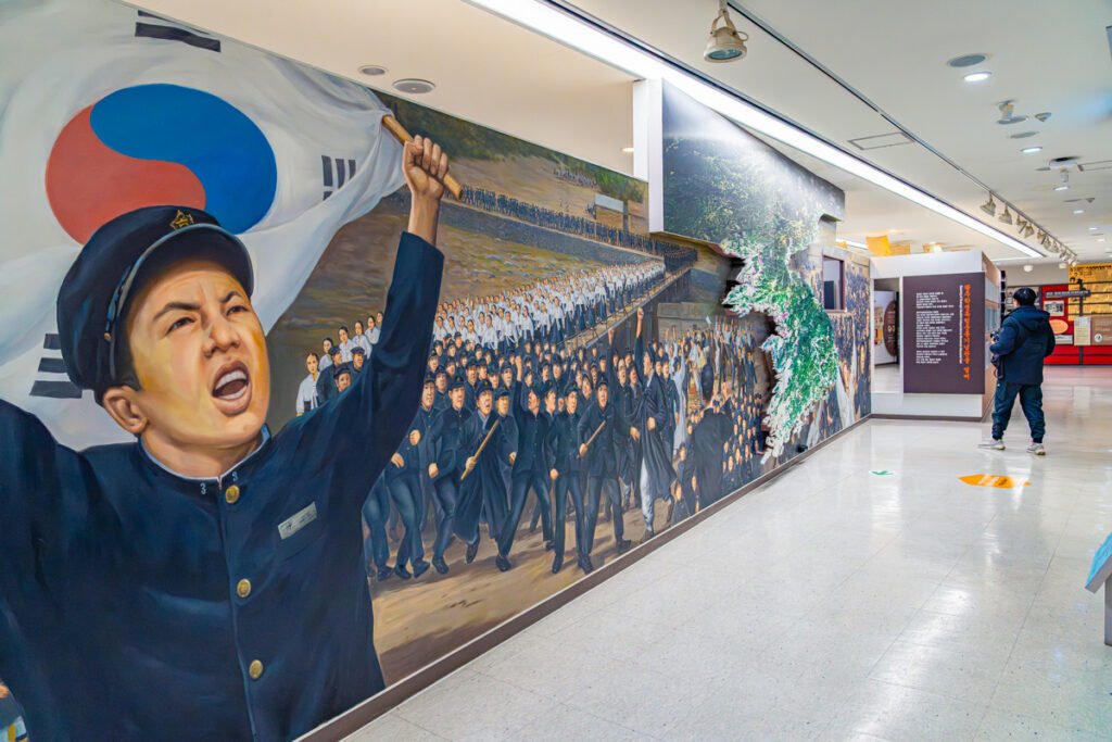 Wide-angle shot of the 1929 student movement mural at Gwangju Student Independence Movement Memorial Hall