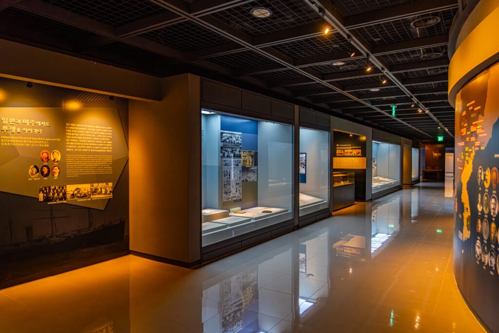 Exhibition displays detailing the Righteous Army movement inside Gyeongsangbuk-do Independence Movement Memorial Hall.