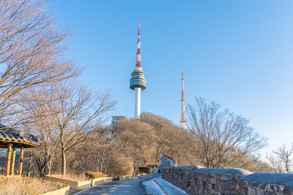 N Seoul Tower winter view emerging above bare tree branches on Namsan hiking path