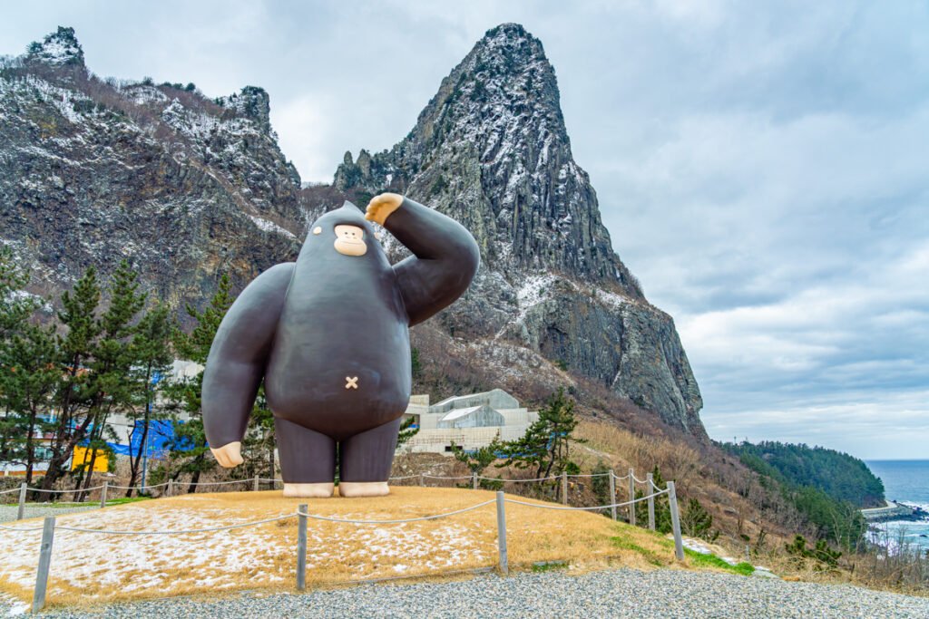 Café Ulla coffee shop Ulleungdo winter with Songgotsan Needle Mountain snow view